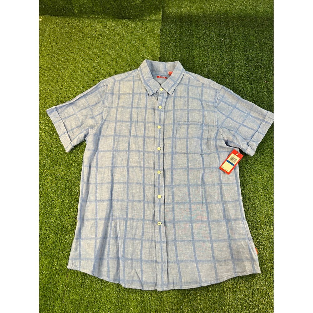 IZOD Mens XL Blue Revival Linen Blend Windowpane Plaid Short Sleeve Shirt NEW